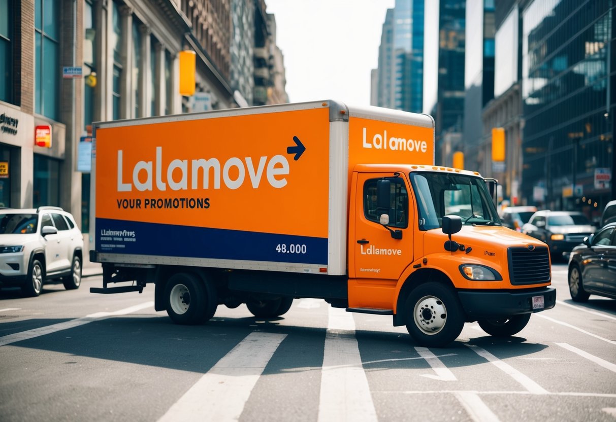 A delivery truck adorned with lalamove promotions parked in a bustling urban street