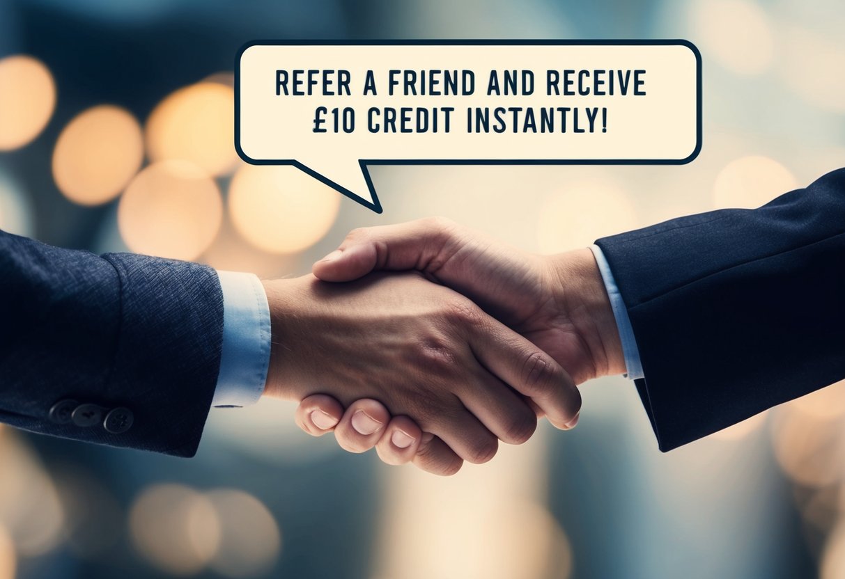 A hand reaching out to shake another hand, with a speech bubble above them showing the words "Refer a friend and receive £10 credit instantly! lalamove promotions"