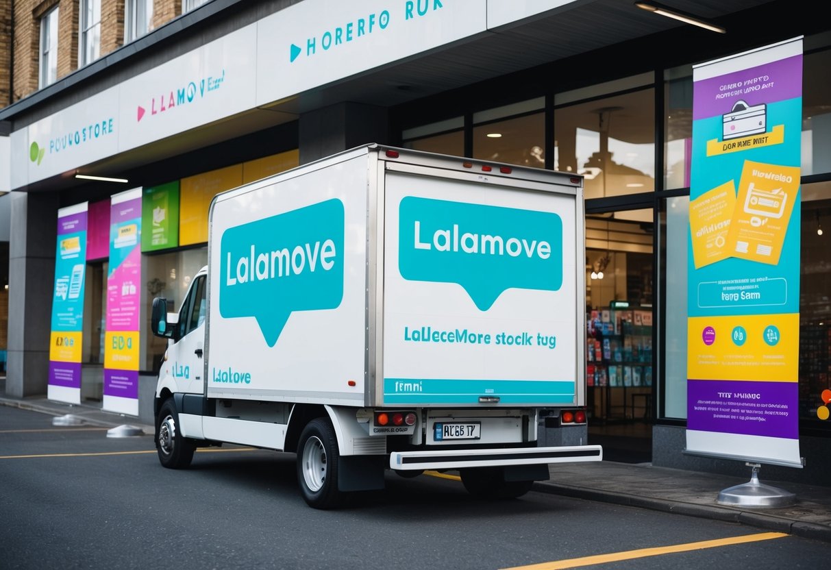 A delivery truck with the Lalamove logo parked outside a storefront, surrounded by colorful promotional banners and flyers