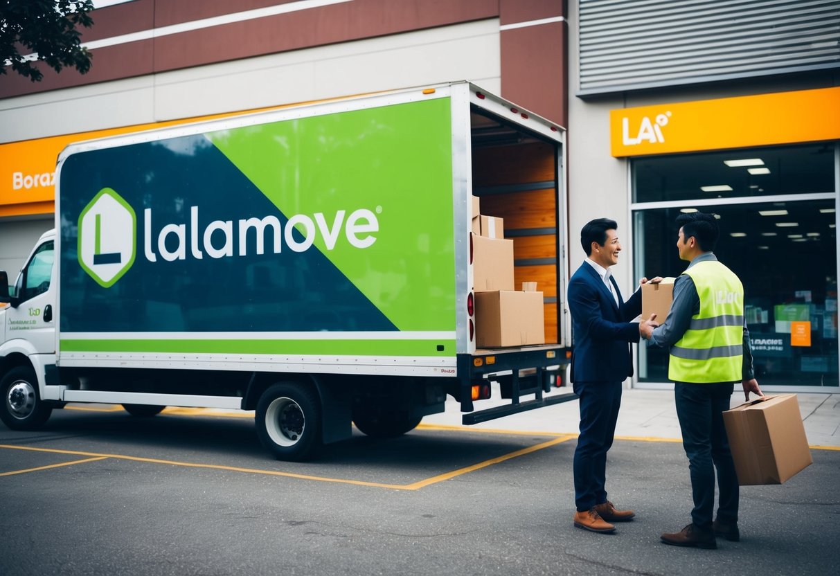 A delivery truck with the Lalamove logo parked outside a store, while a customer receives a package from the driver