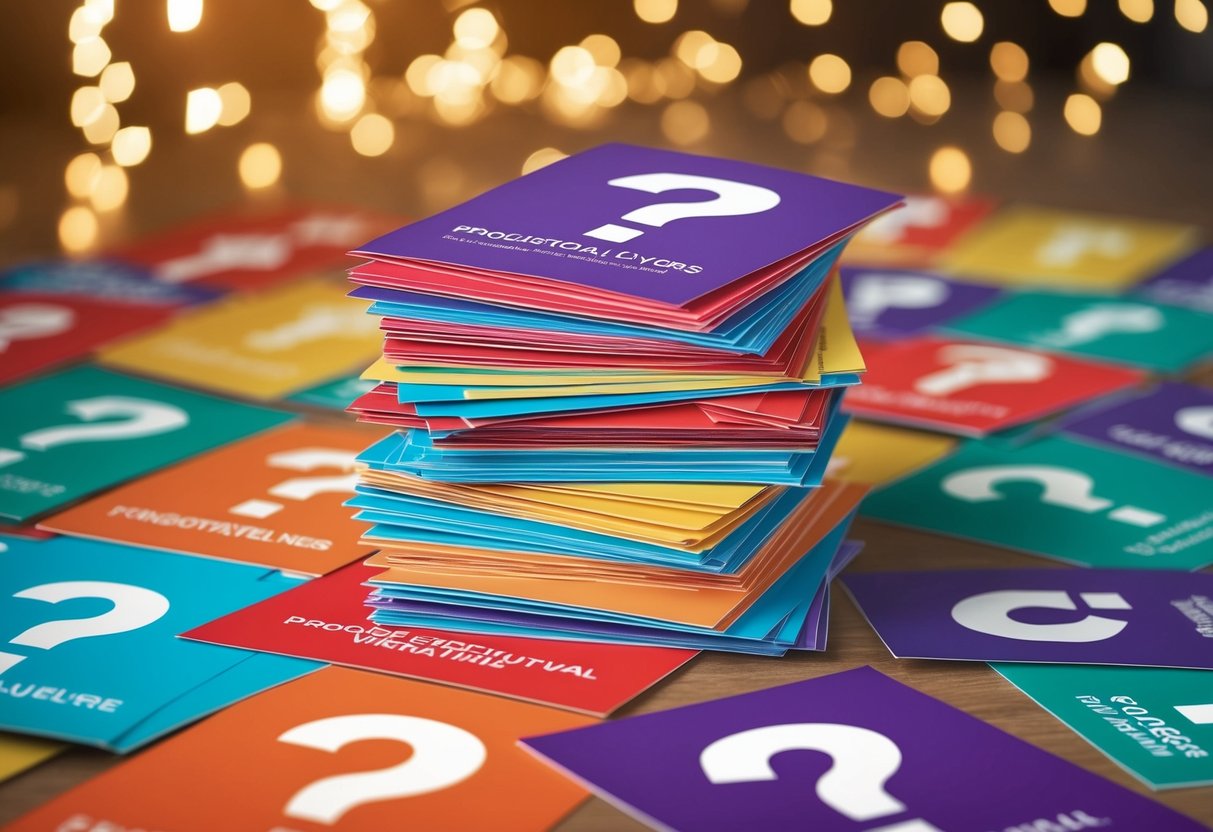 A stack of colorful promotional flyers surrounded by question marks