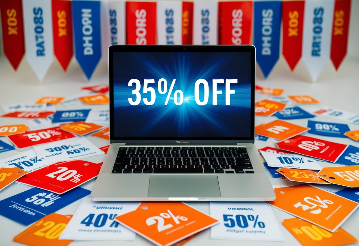 A laptop surrounded by promotional banners and discount tags
