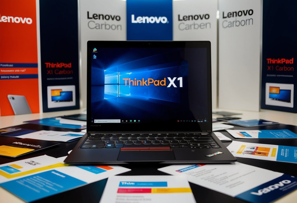 A sleek ThinkPad X1 Carbon 9th Gen surrounded by Lenovo promotional materials