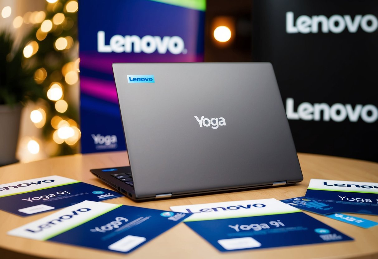 A sleek Lenovo Yoga 9i 14" laptop surrounded by Lenovo promotions and branding materials