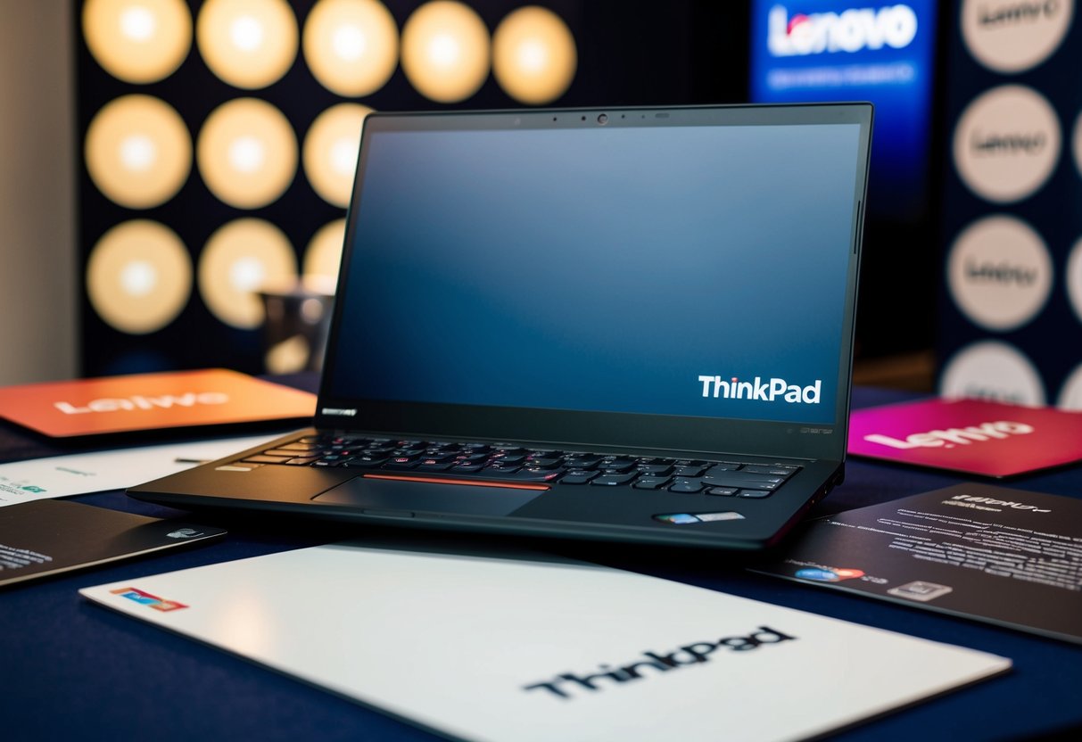 A sleek ThinkPad P17 Gen 2 laptop surrounded by Lenovo promotional materials and branding