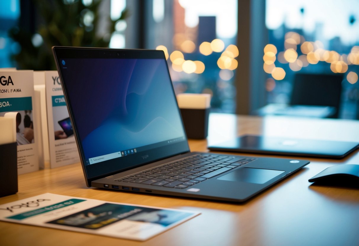 A sleek Yoga Slim 7i Carbon laptop surrounded by promotional materials and accessories