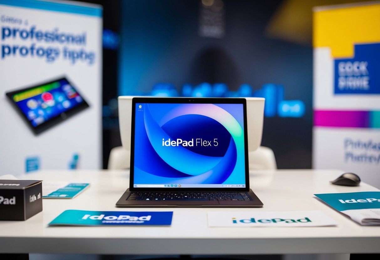 A sleek IdeaPad Flex 5 sits on a modern desk, surrounded by promotional materials and bright branding