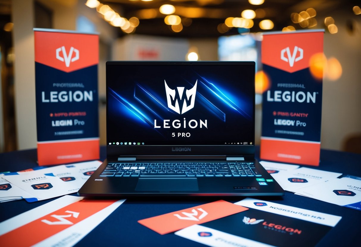 A sleek Legion 5 Pro laptop surrounded by promotional materials and logos