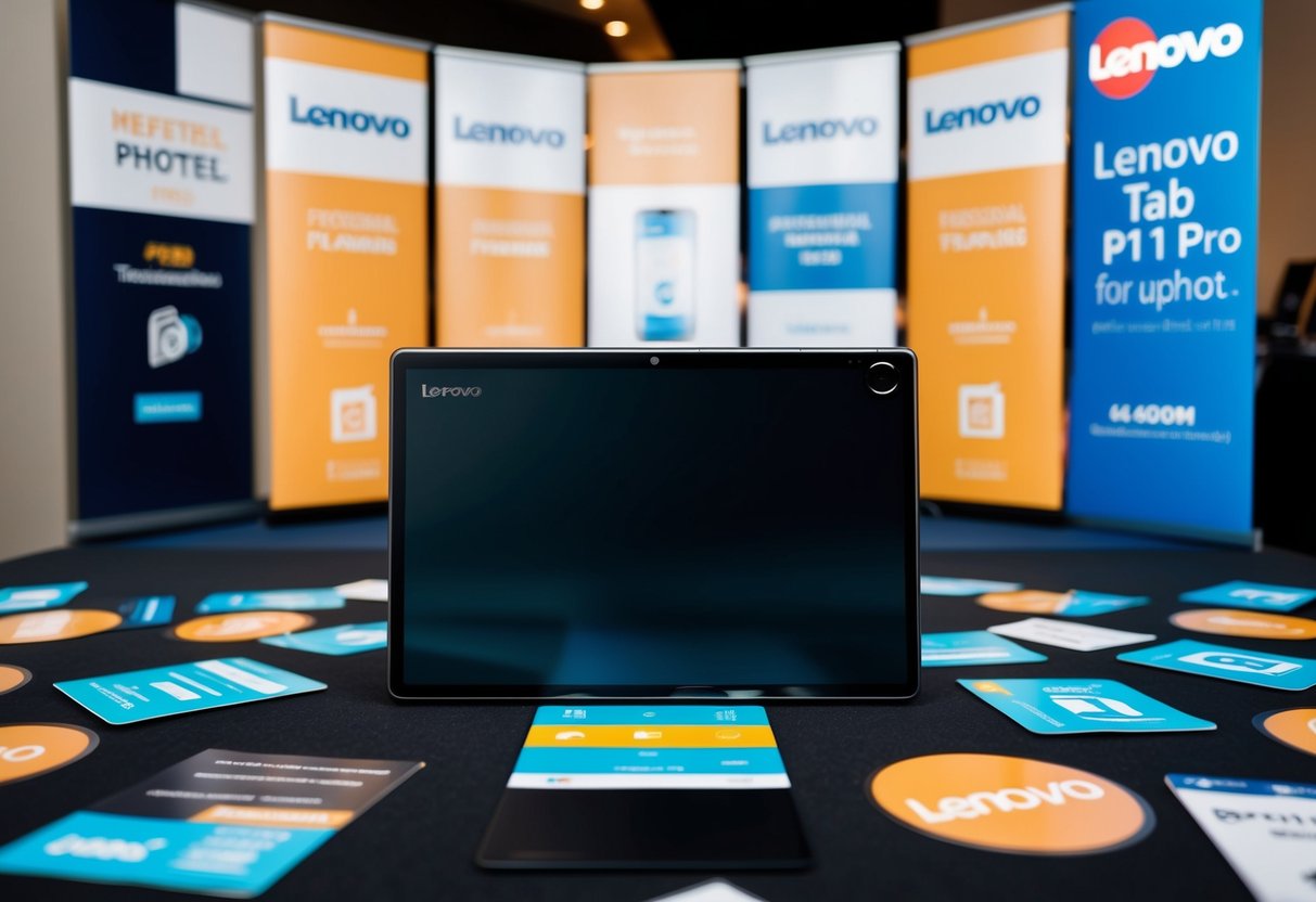 A sleek Lenovo Tab P11 Pro surrounded by promotional banners and logos