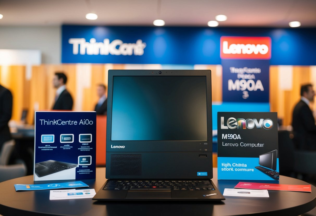 A sleek ThinkCentre M90a AIO Gen 3 Lenovo computer surrounded by promotional materials and logos