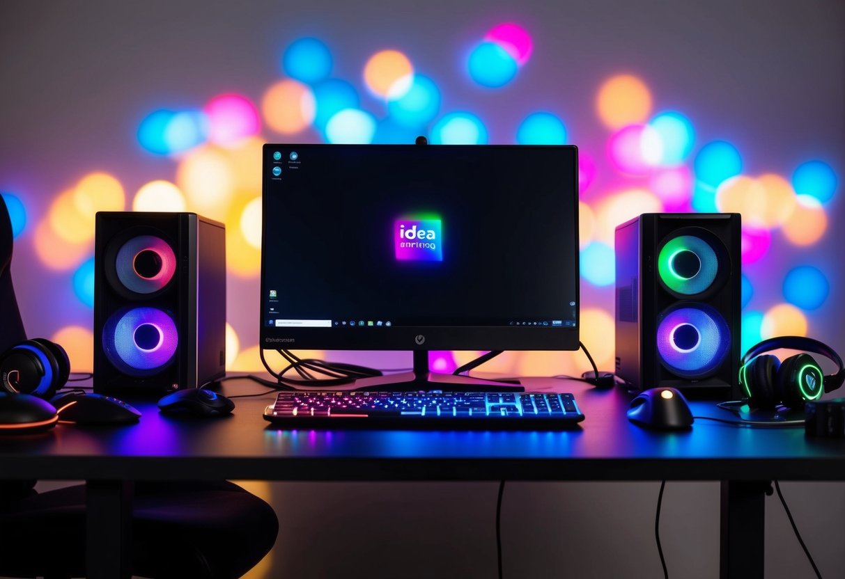 A sleek IdeaCentre Gaming 5 sits on a desk surrounded by gaming accessories, bathed in colorful LED lights