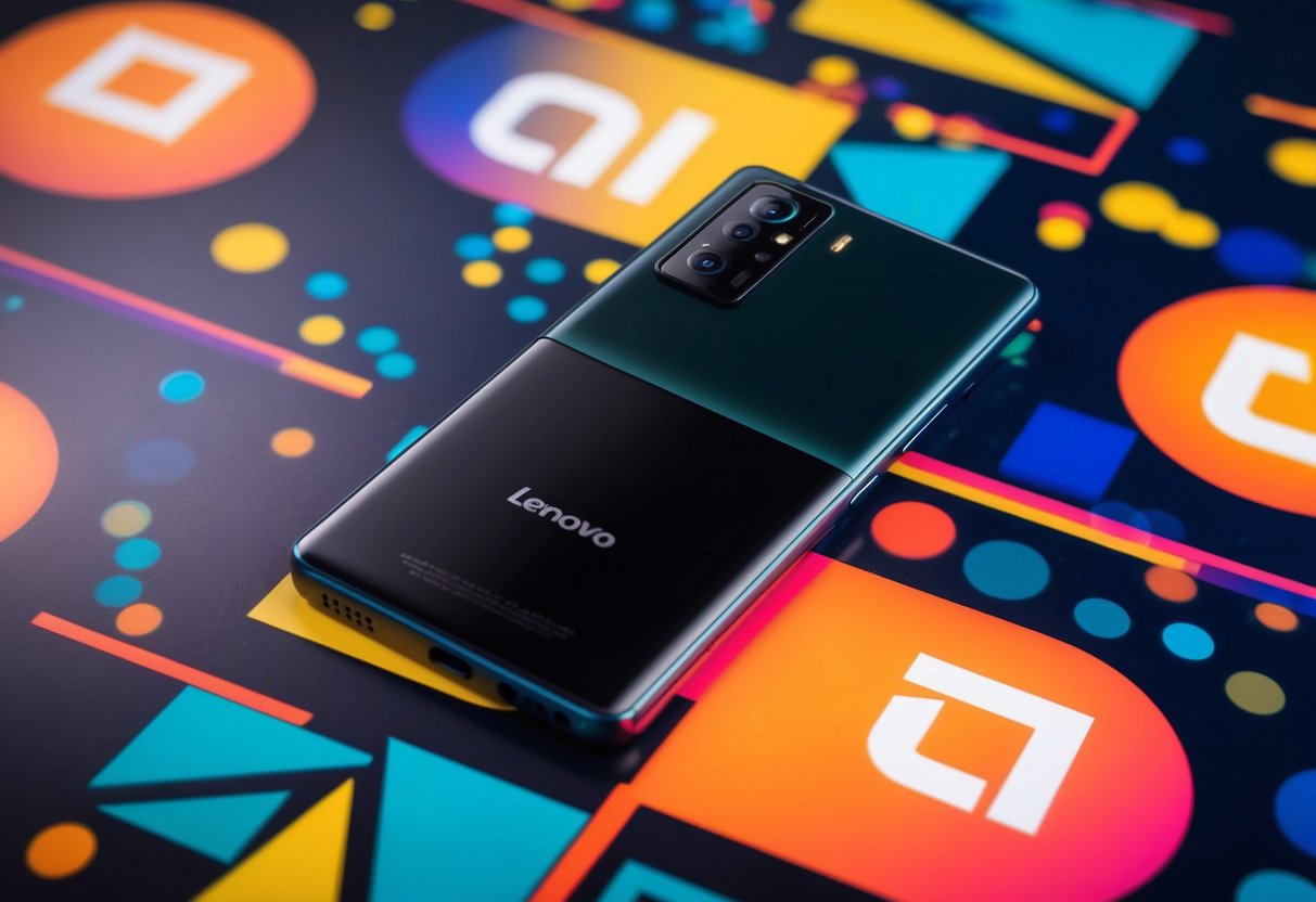 A sleek Lenovo Legion Phone Duel surrounded by vibrant promotional graphics