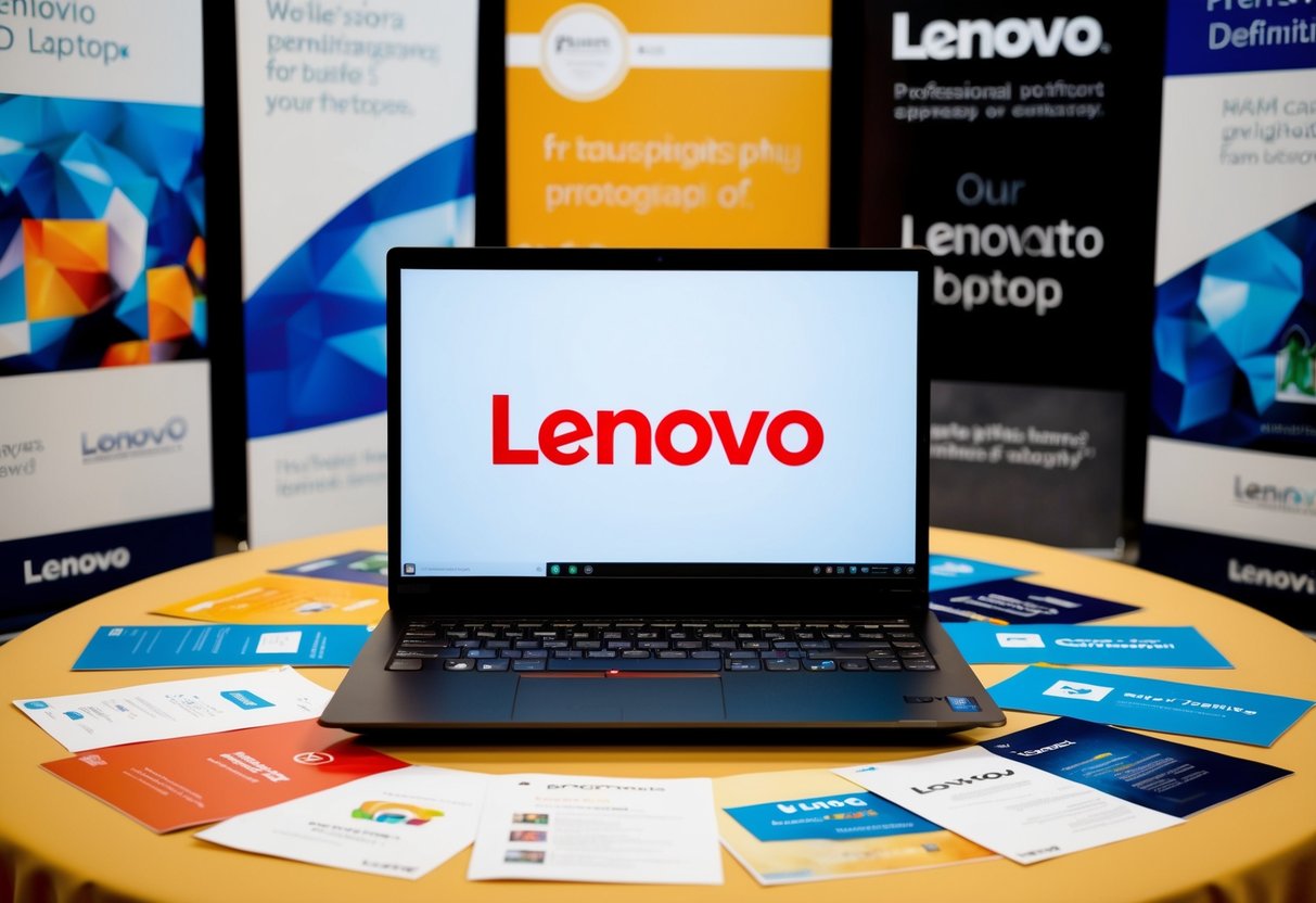 A laptop surrounded by various promotional materials and banners, with the Lenovo logo prominently displayed