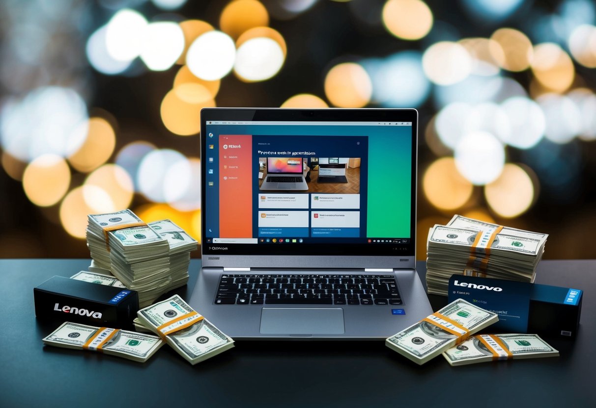 A laptop surrounded by various Lenovo products and a stack of money