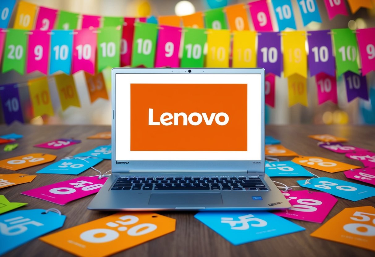 A laptop surrounded by bright, colorful banners and discount tags, with the Lenovo logo prominently displayed