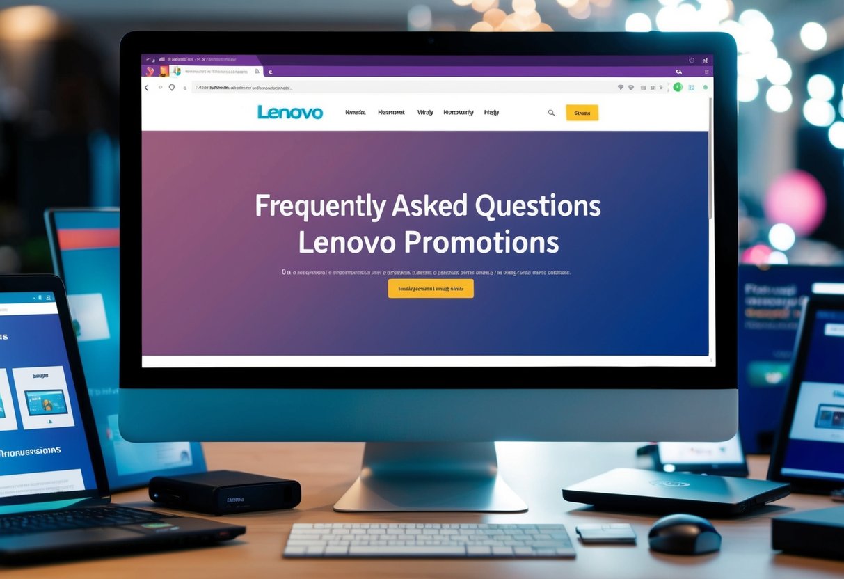 A computer screen displaying a webpage with the title "Frequently Asked Questions Lenovo Promotions", surrounded by various electronic devices and promotional materials