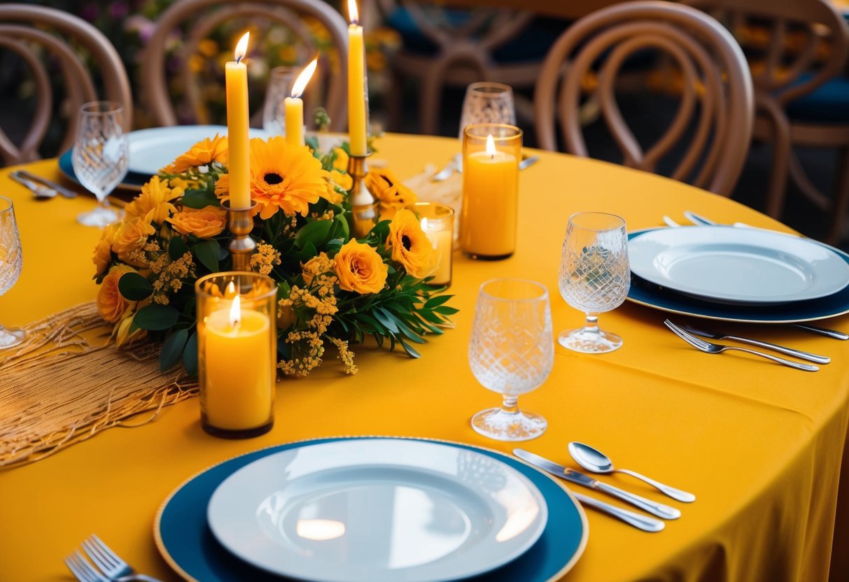 A table set with vibrant saffron-colored tablecloths, surrounded by golden-yellow flowers and candles, creating a warm and inviting atmosphere