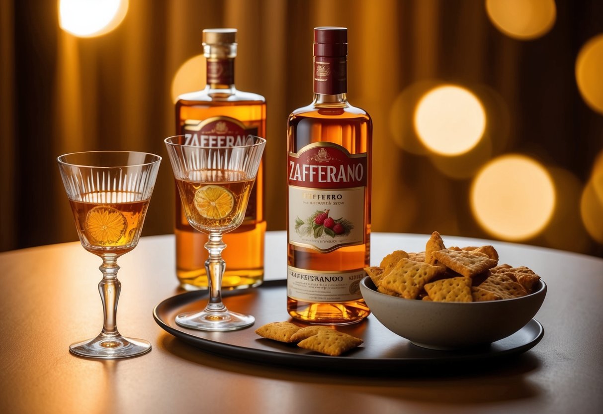 A table set with two elegant zafferano glasses, a bottle of zafferano-infused liquor, and a bowl of zafferano-infused snacks, all bathed in warm, golden light