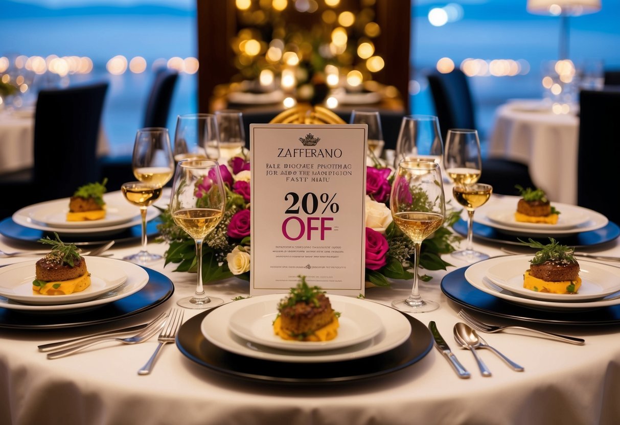 A lavish table setting with elegant dishes and luxurious decorations, showcasing the indulgent taste menu with a prominent 20% off promotion for zafferano