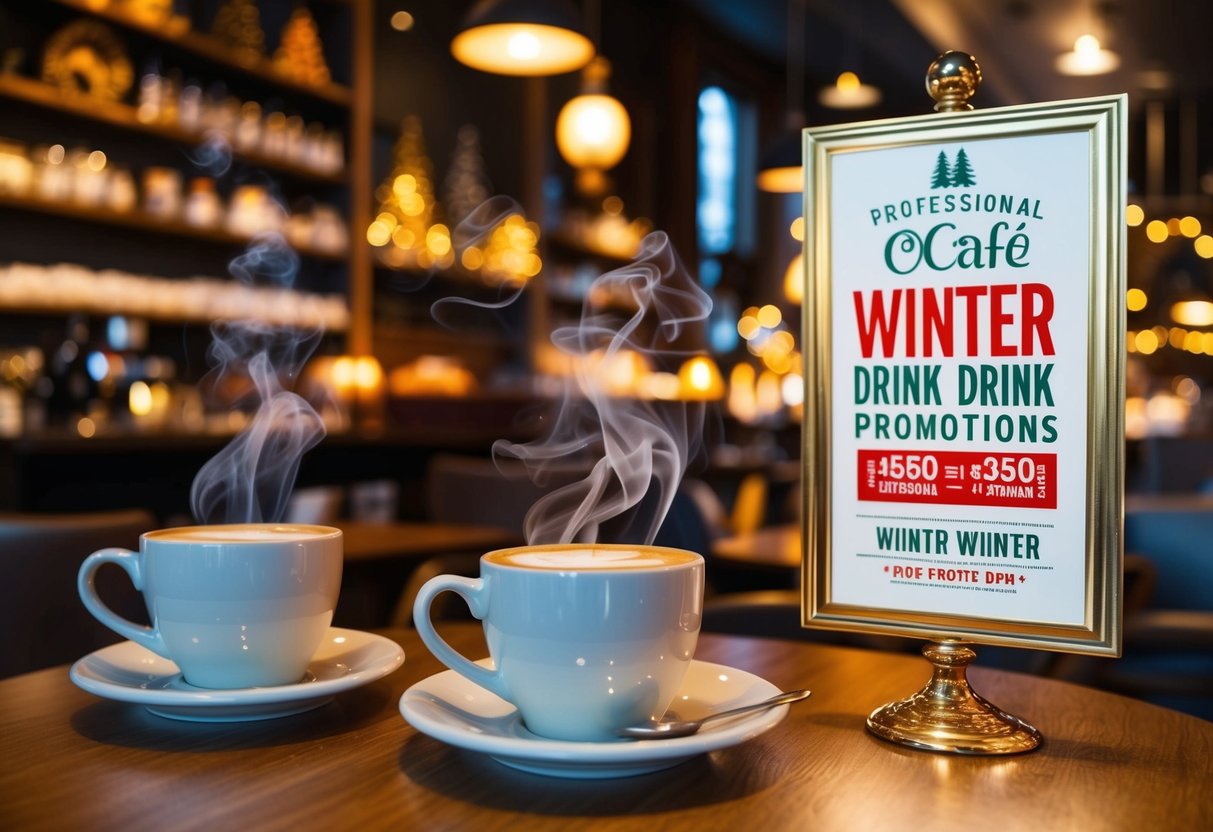 A cozy cafe with steaming mugs, festive decorations, and a sign advertising winter drink promotions