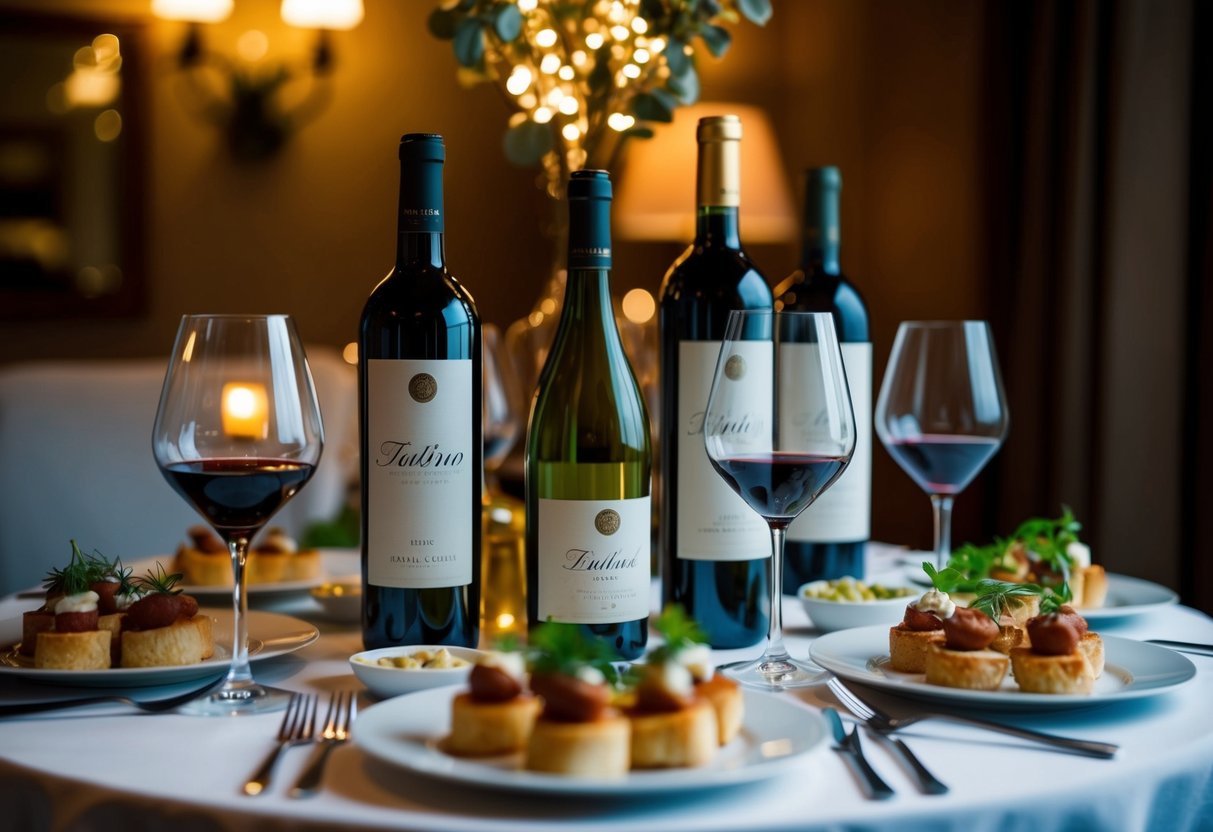 A table set with Italian wine bottles, glasses, and appetizers. A cozy ambiance with dim lighting and elegant decor