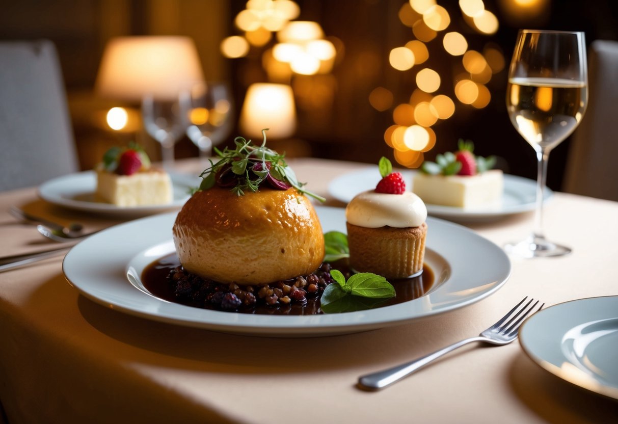 A beautifully plated main dish with a complimentary dessert on the side, surrounded by elegant table settings and a warm, inviting ambiance