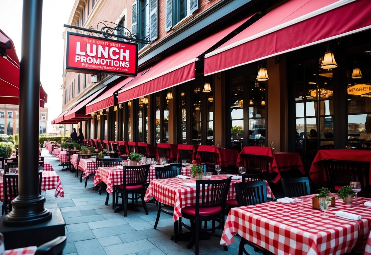 A bustling Italian restaurant with outdoor seating, red and white checkered tablecloths, and a prominent sign advertising a lunch promotion