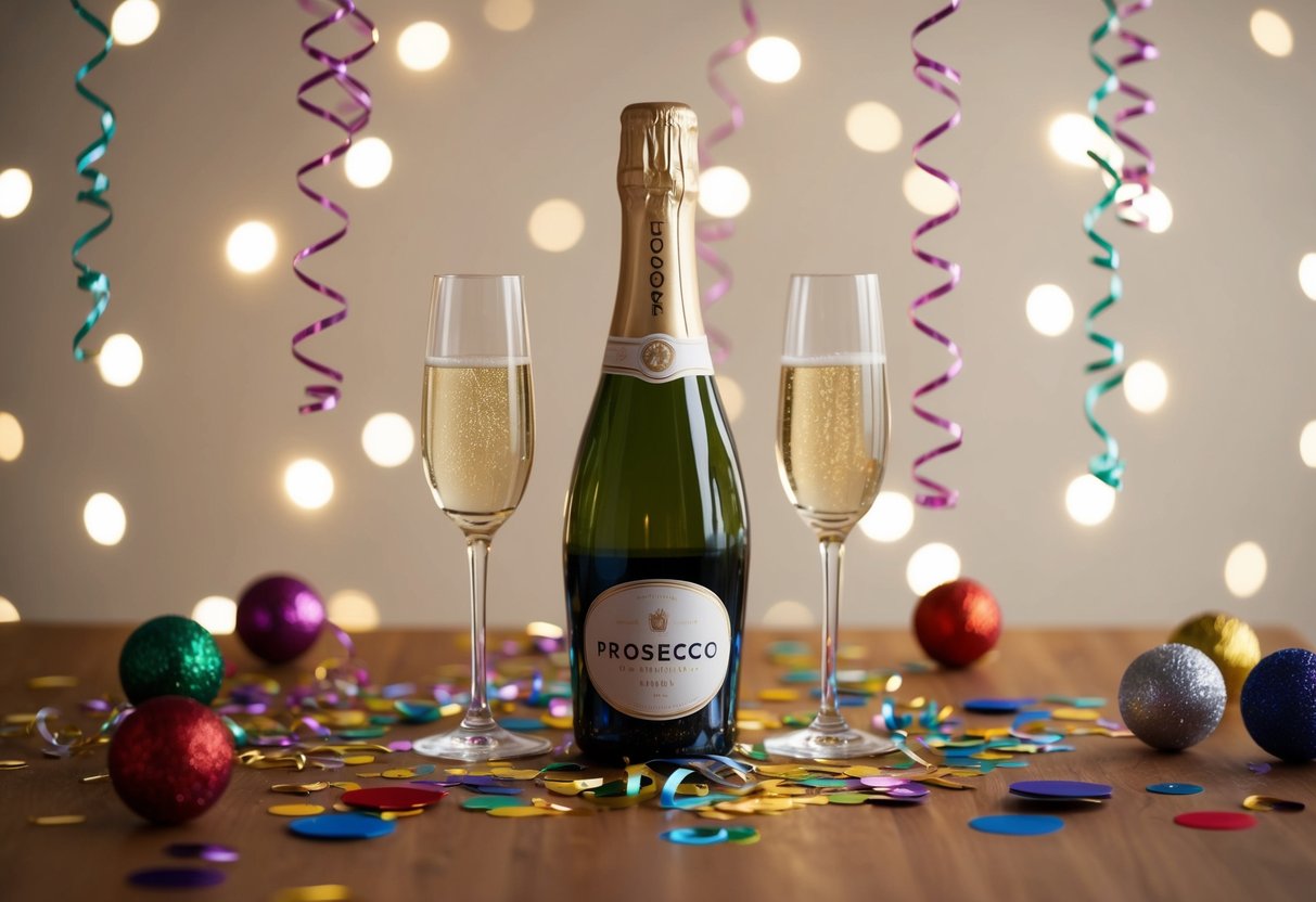 A bottle of Prosecco surrounded by confetti and streamers on a festive table