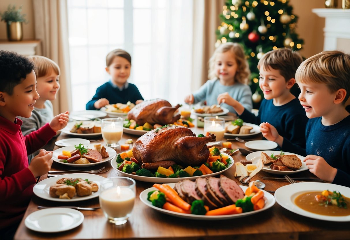 A festive dining table with a spread of roast meats, vegetables, and gravy. Children happily eating at a separate table