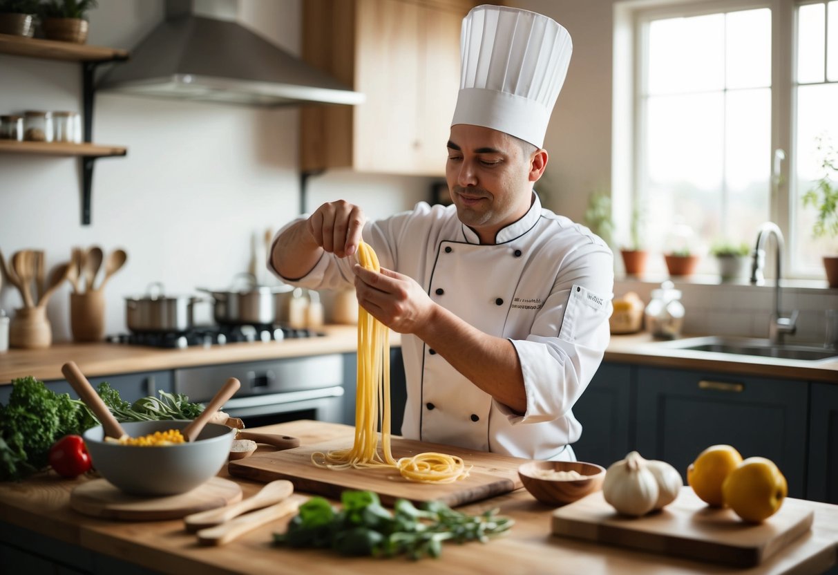 A chef demonstrates pasta making in a cozy kitchen, surrounded by fresh ingredients and cooking utensils