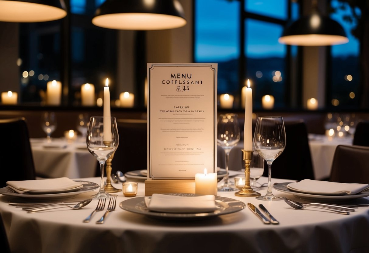 A dimly lit restaurant with elegant table settings, soft candlelight, and a menu showcasing three courses for £25