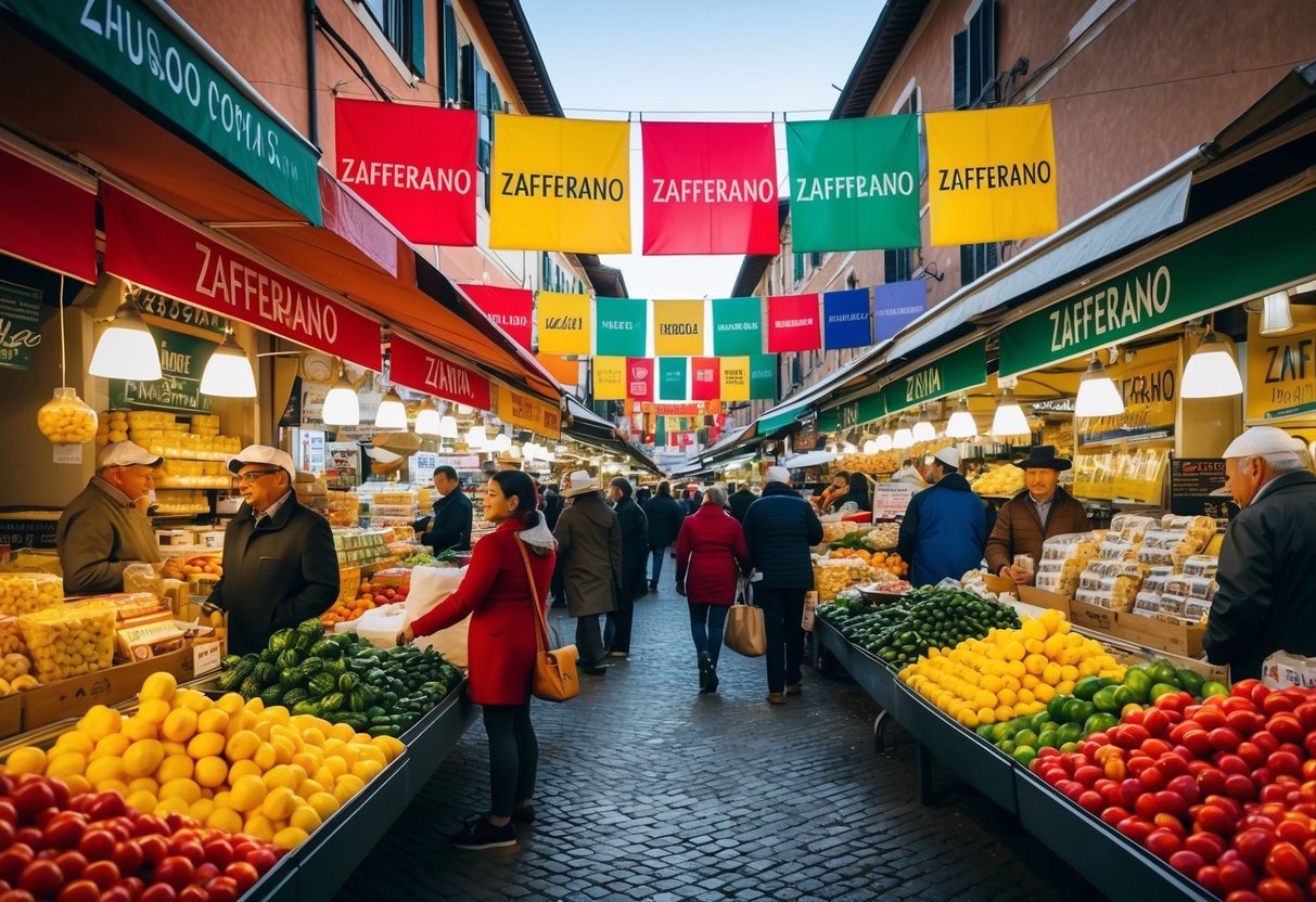 A bustling marketplace with colorful banners and vendors selling zafferano products
