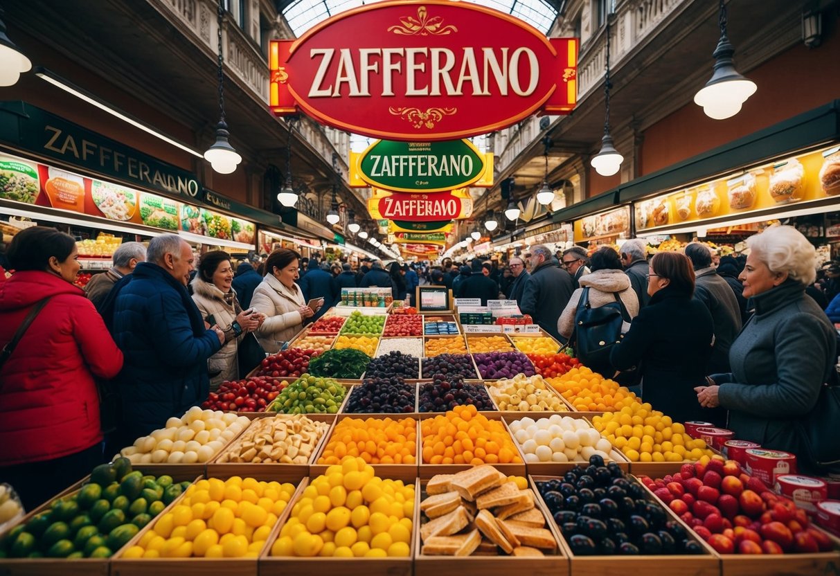 A bustling marketplace with vibrant displays of Zafferano products drawing in crowds of eager customers