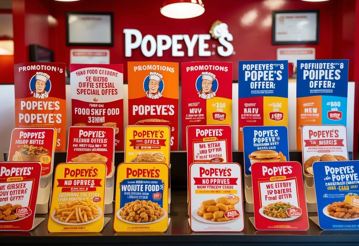 A colorful display of Popeyes promotions featuring various food items and special offers