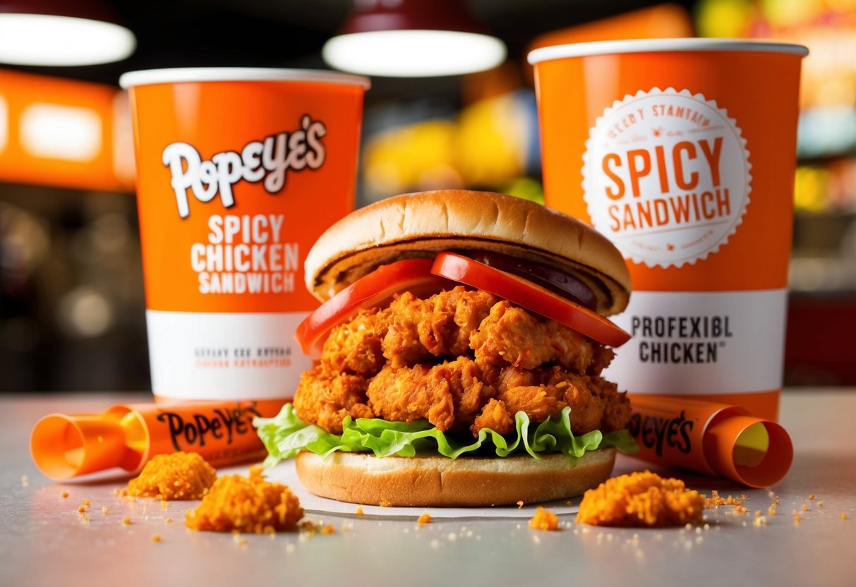 A sizzling spicy chicken sandwich is surrounded by vibrant promotional signage at Popeyes