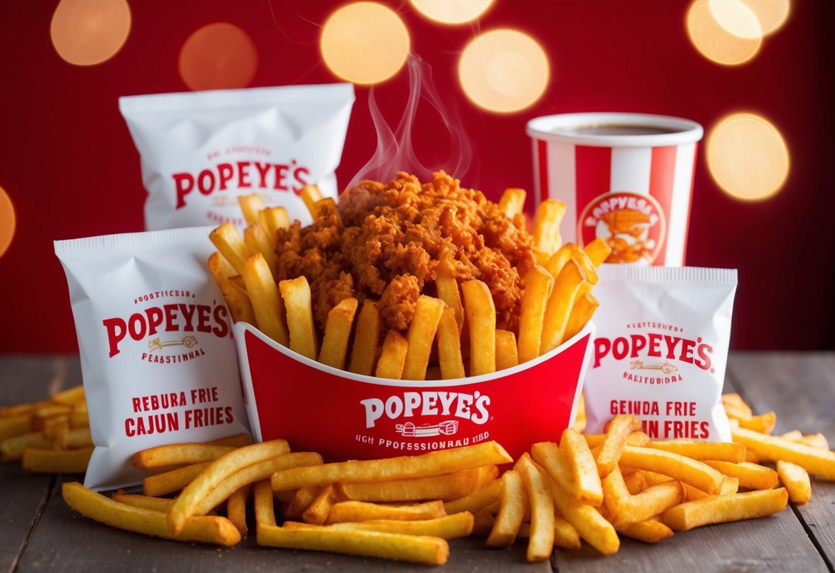 A steaming pile of Cajun fries surrounded by Popeyes promotional materials