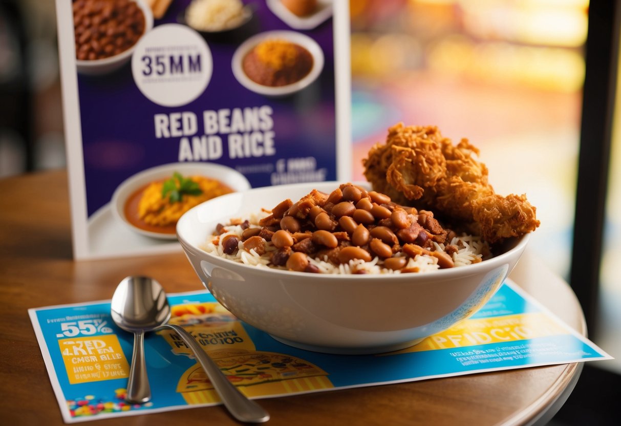 A steaming bowl of red beans and rice with a side of crispy fried chicken, displayed on a colorful promotional poster