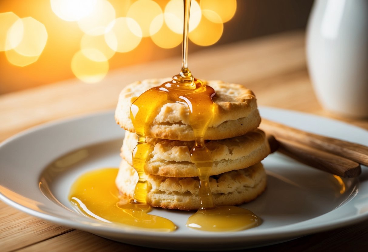 A golden biscuit drizzled with honey sits on a plate, surrounded by a warm, inviting glow
