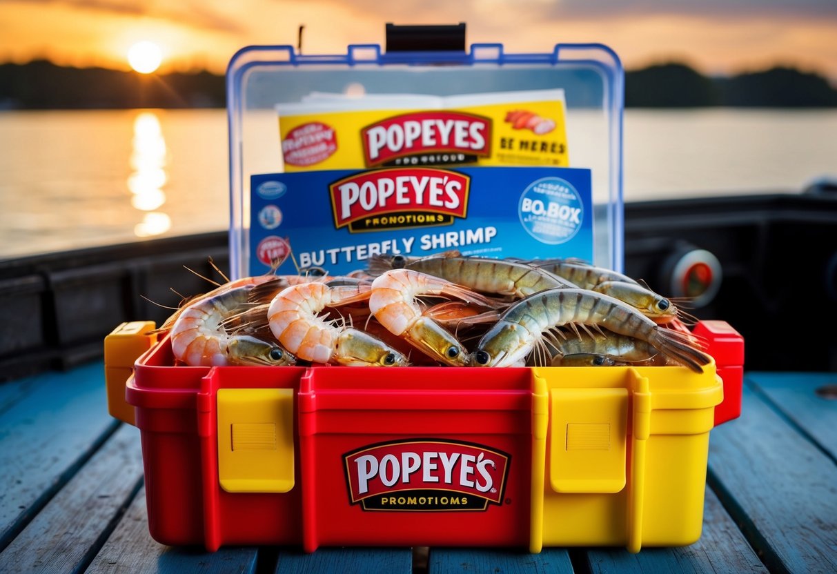 A colorful tackle box filled with butterfly shrimp and Popeyes promotions