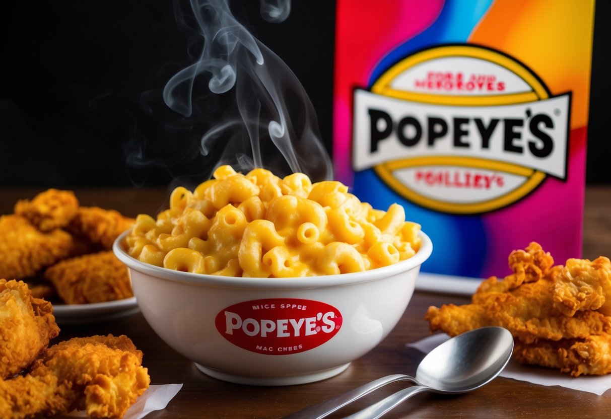 A steaming bowl of mac and cheese sits next to a Popeyes logo, surrounded by golden fried chicken and a colorful promotional banner