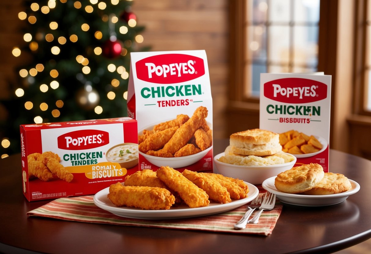A family meal of Popeyes chicken tenders, biscuits, and sides displayed on a table with festive packaging and promotional signage