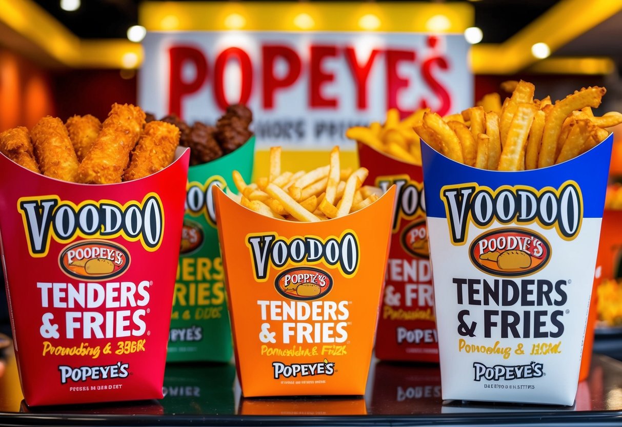 A colorful and vibrant display of Voodoo Tenders & Fries Popeyes promotions, with enticing food items and eye-catching branding