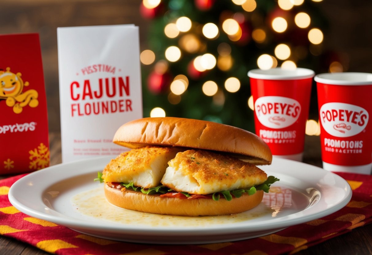 A sizzling Cajun flounder sandwich surrounded by festive Popeyes promotions