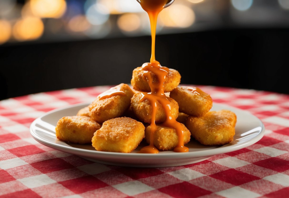 A plate of golden nuggets drizzled with sweet heat sauce sits on a red checkered tablecloth