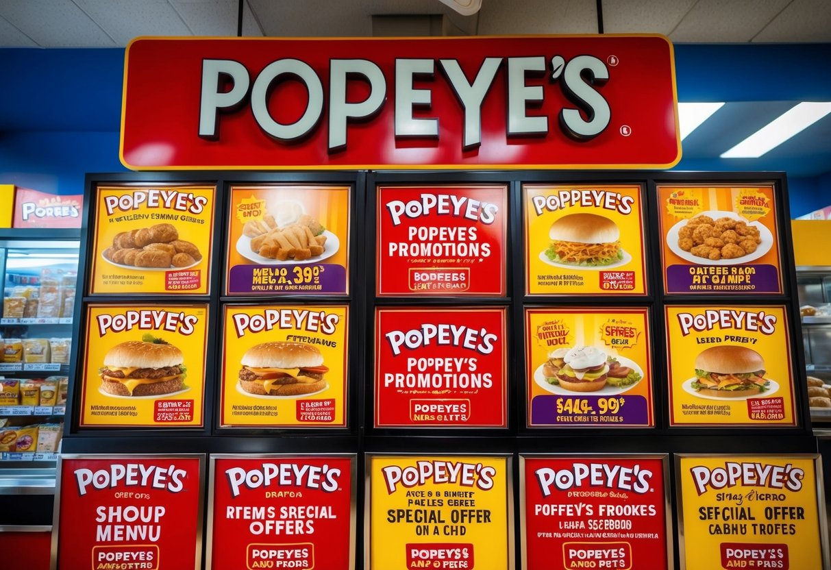 A colorful display of Popeyes promotions featuring various menu items and special offers