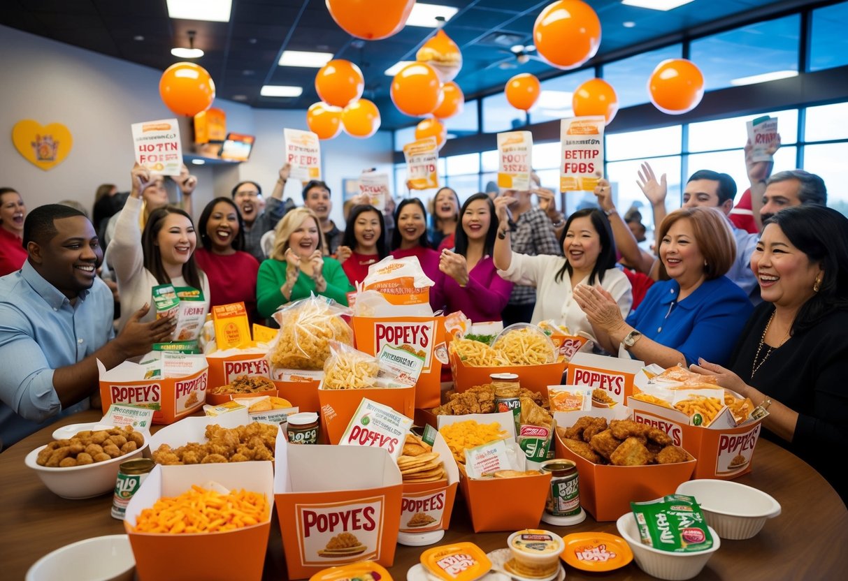 A table overflowing with Popeyes food items, surrounded by excited customers redeeming promotions