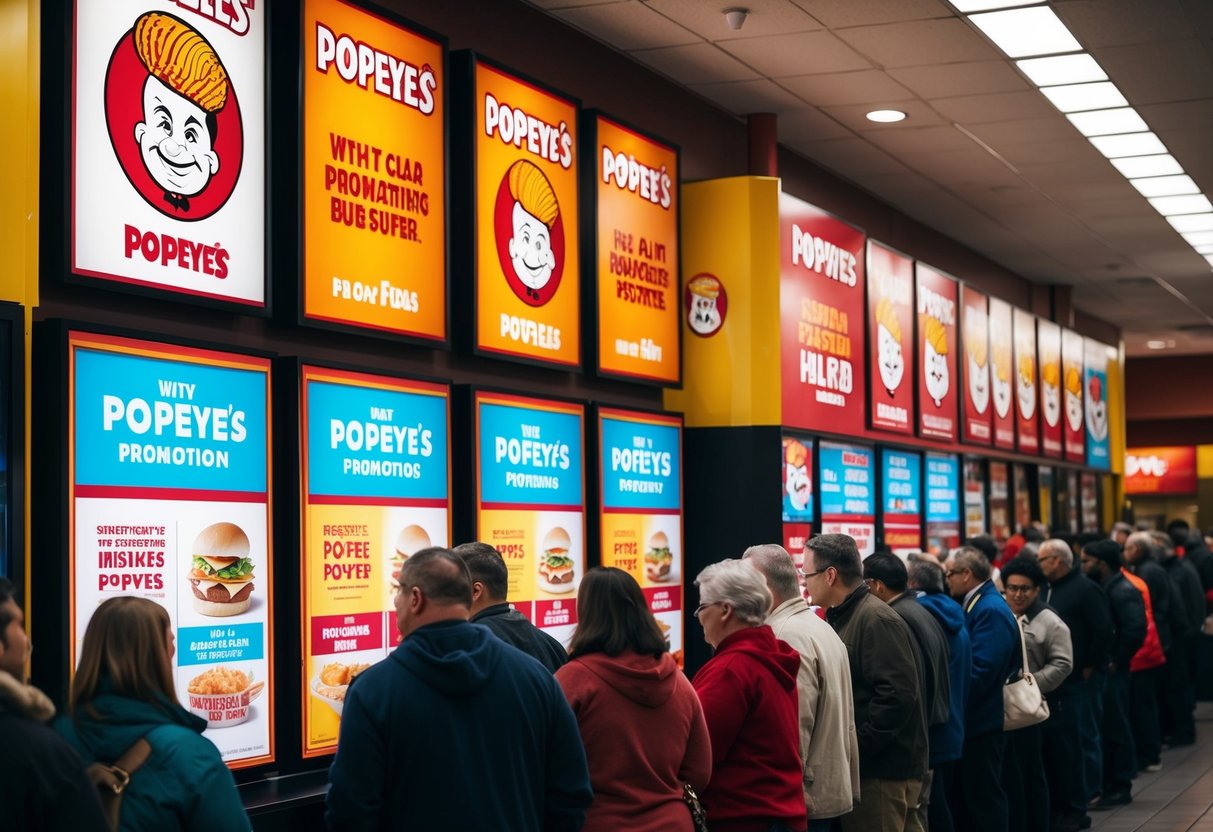 A colorful display of Popeyes promotion posters and banners, with a crowd of people lining up to inquire about the promotions