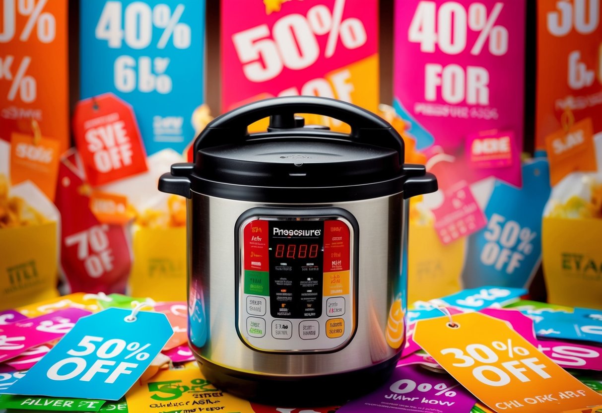 A pressure cooker surrounded by vibrant promotional banners and colorful discount tags