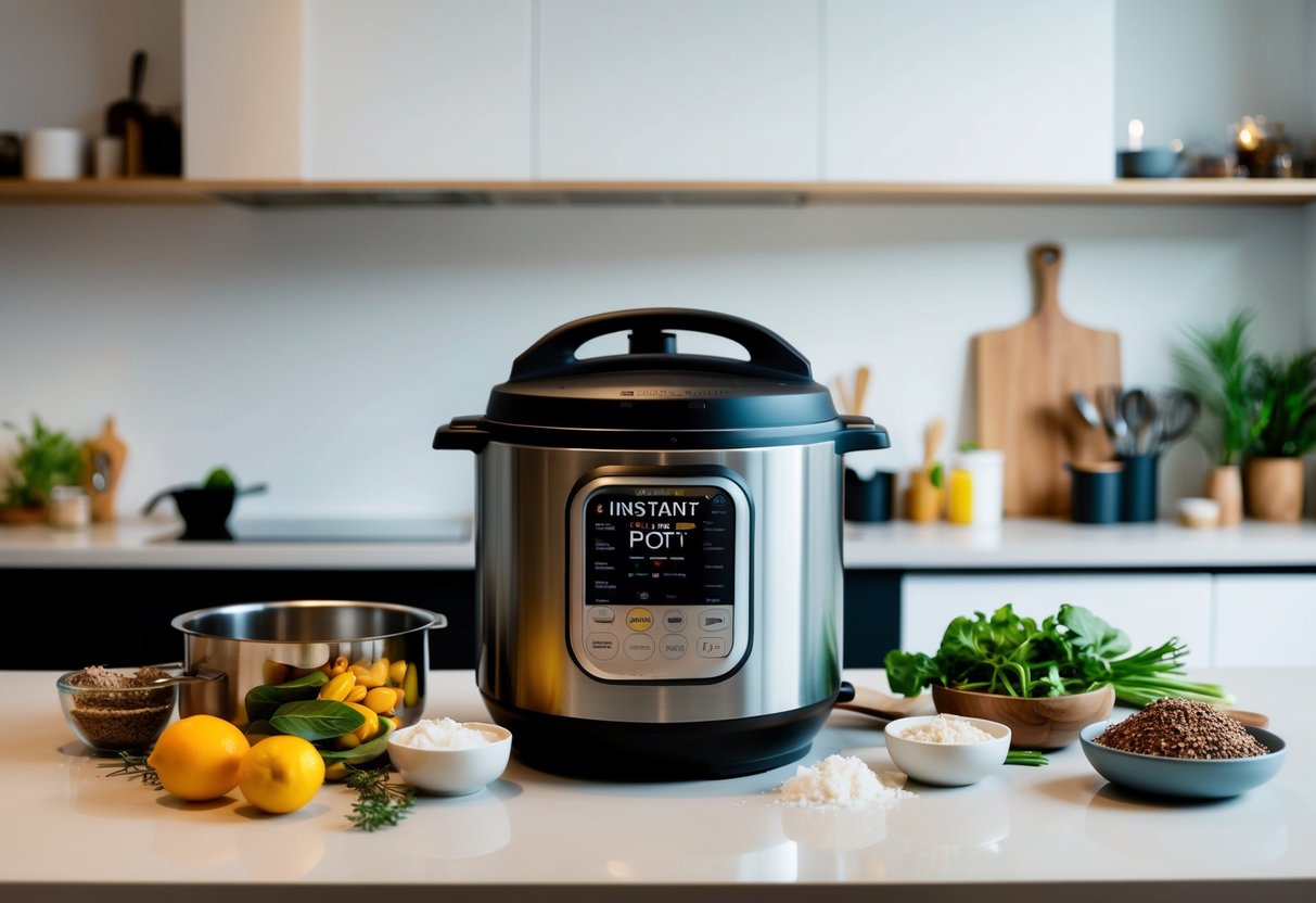 A modern kitchen counter with an Instant Pot Duo 7-in-1 pressure cooker surrounded by various ingredients and utensils
