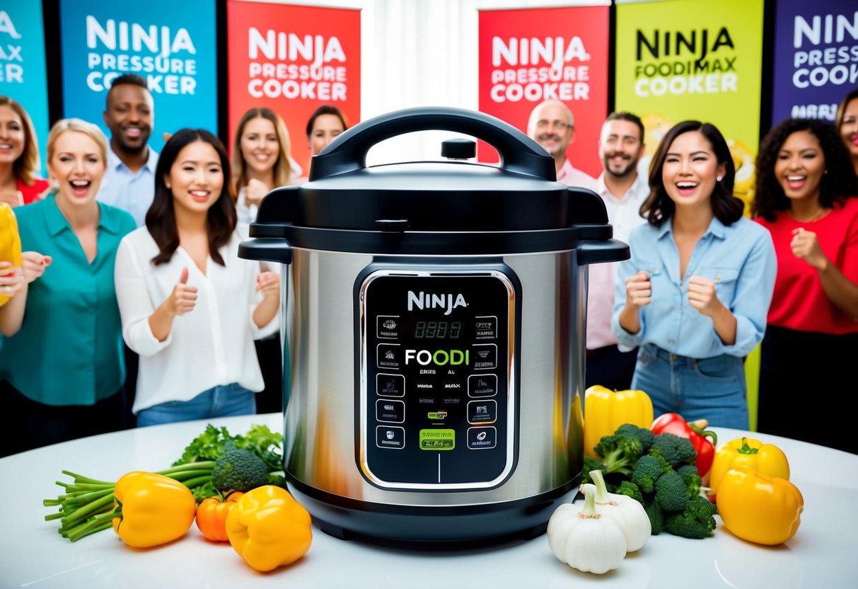 A Ninja Foodi MAX pressure cooker surrounded by vibrant promotional banners and excited customers